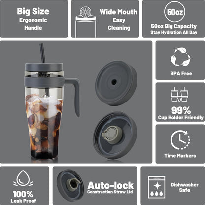50 oz Tritan Plastic Tumbler with Lid and Straw and Handle - 100% Leak-Proof - Perfect for Iced Coffee, Smoothies, and Juice - Wide Mouth Reusable Water Bottle with Time Marker