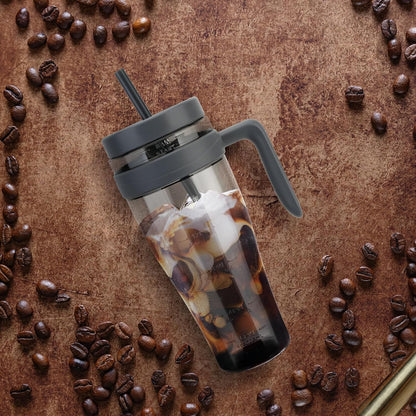 50 oz Tritan Plastic Tumbler with Lid and Straw and Handle - 100% Leak-Proof - Perfect for Iced Coffee, Smoothies, and Juice - Wide Mouth Reusable Water Bottle with Time Marker