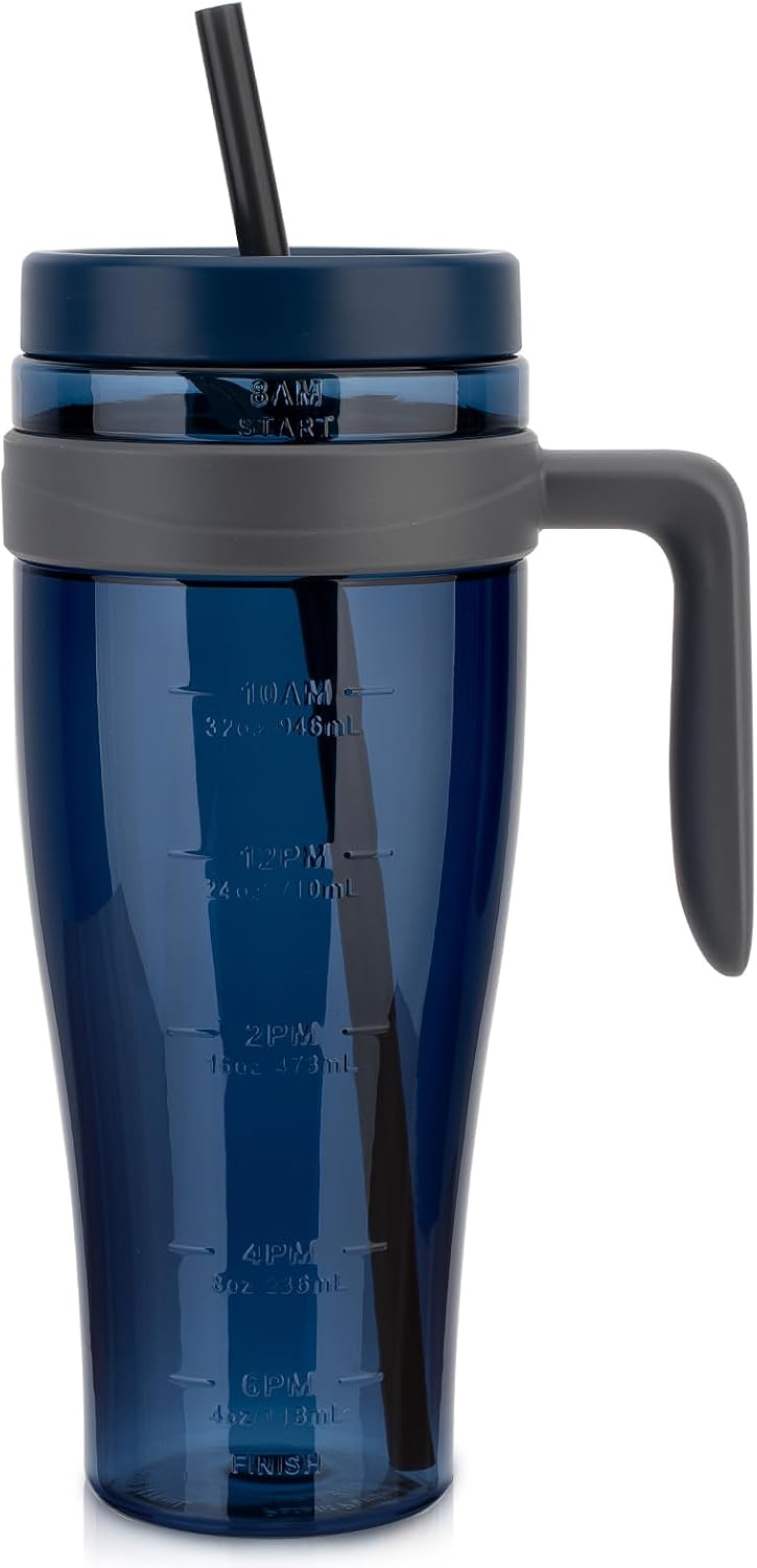 50 oz Tritan Plastic Tumbler with Lid and Straw and Handle - 100% Leak-Proof - Perfect for Iced Coffee, Smoothies, and Juice - Wide Mouth Reusable Water Bottle with Time Marker