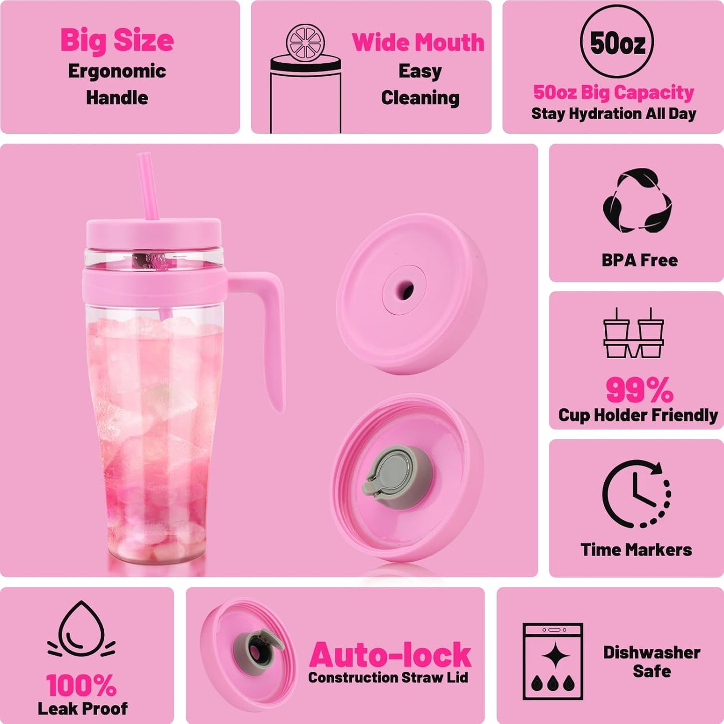50 oz Tritan Plastic Tumbler with Lid and Straw and Handle - 100% Leak-Proof - Perfect for Iced Coffee, Smoothies, and Juice - Wide Mouth Reusable Water Bottle with Time Marker