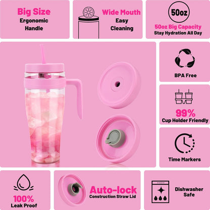50 oz Tritan Plastic Tumbler with Lid and Straw and Handle - 100% Leak-Proof - Perfect for Iced Coffee, Smoothies, and Juice - Wide Mouth Reusable Water Bottle with Time Marker