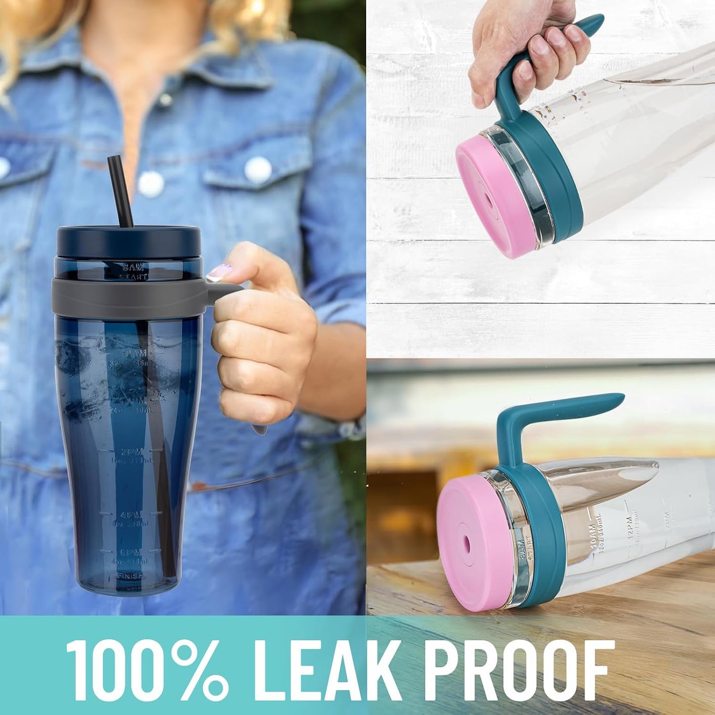 50 oz Tritan Plastic Tumbler with Lid and Straw and Handle - 100% Leak-Proof - Perfect for Iced Coffee, Smoothies, and Juice - Wide Mouth Reusable Water Bottle with Time Marker