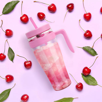 50 oz Tritan Plastic Tumbler with Lid and Straw and Handle - 100% Leak-Proof - Perfect for Iced Coffee, Smoothies, and Juice - Wide Mouth Reusable Water Bottle with Time Marker