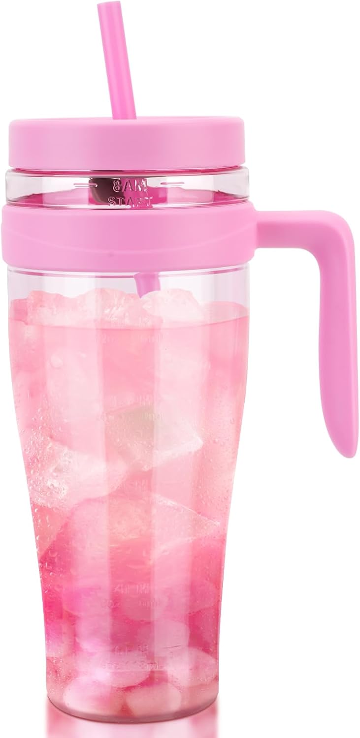 50 oz Tritan Plastic Tumbler with Lid and Straw and Handle - 100% Leak-Proof - Perfect for Iced Coffee, Smoothies, and Juice - Wide Mouth Reusable Water Bottle with Time Marker