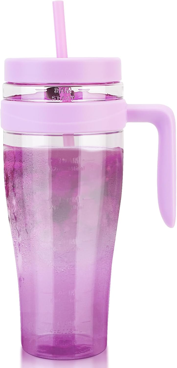 50 oz Tritan Plastic Tumbler with Lid and Straw and Handle - 100% Leak-Proof - Perfect for Iced Coffee, Smoothies, and Juice - Wide Mouth Reusable Water Bottle with Time Marker