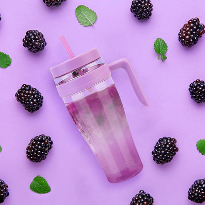 50 oz Tritan Plastic Tumbler with Lid and Straw and Handle - 100% Leak-Proof - Perfect for Iced Coffee, Smoothies, and Juice - Wide Mouth Reusable Water Bottle with Time Marker