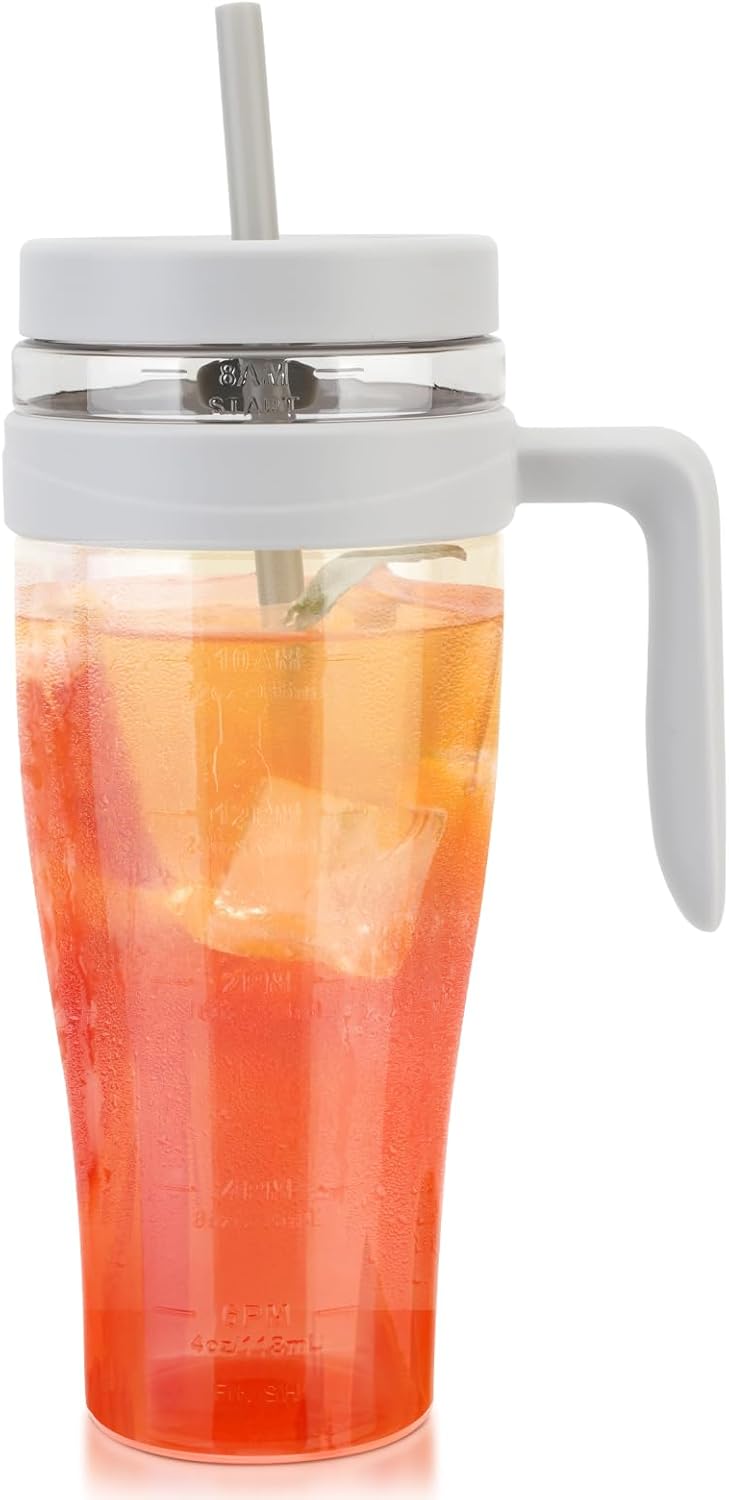 50 oz Tritan Plastic Tumbler with Lid and Straw and Handle - 100% Leak-Proof - Perfect for Iced Coffee, Smoothies, and Juice - Wide Mouth Reusable Water Bottle with Time Marker