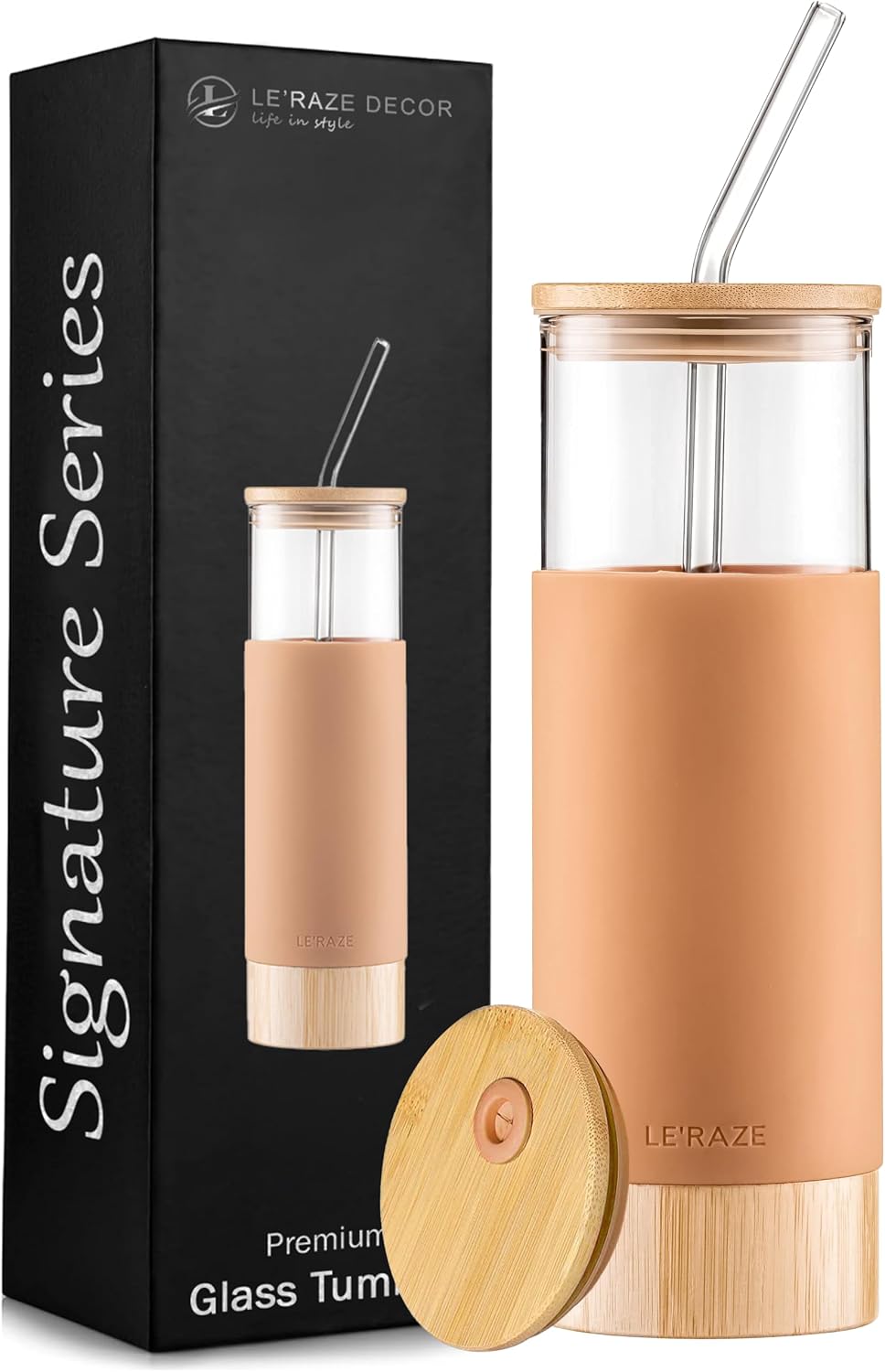 Premium 20oz Glass Tumbler Cup with Straw and Bamboo Lid & Base with Protective Silicone Sleeve - BPA Free - Growler Water Bottle Reusable Drinking Glasses Cup for Iced Tea, Coffee, Smoothie - Amber