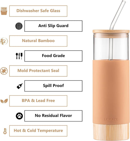 Premium 20oz Glass Tumbler Cup with Straw and Bamboo Lid & Base with Protective Silicone Sleeve - BPA Free - Growler Water Bottle Reusable Drinking Glasses Cup for Iced Tea, Coffee, Smoothie - Amber