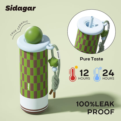 18 oz Tumbler with Straw, Insulated Stainless Steel Water Bottle, Travel Mug with Leak Proof Lid,Ceramic Coffee Cup for Women, Fits Cup Holder, BPA Free, Green