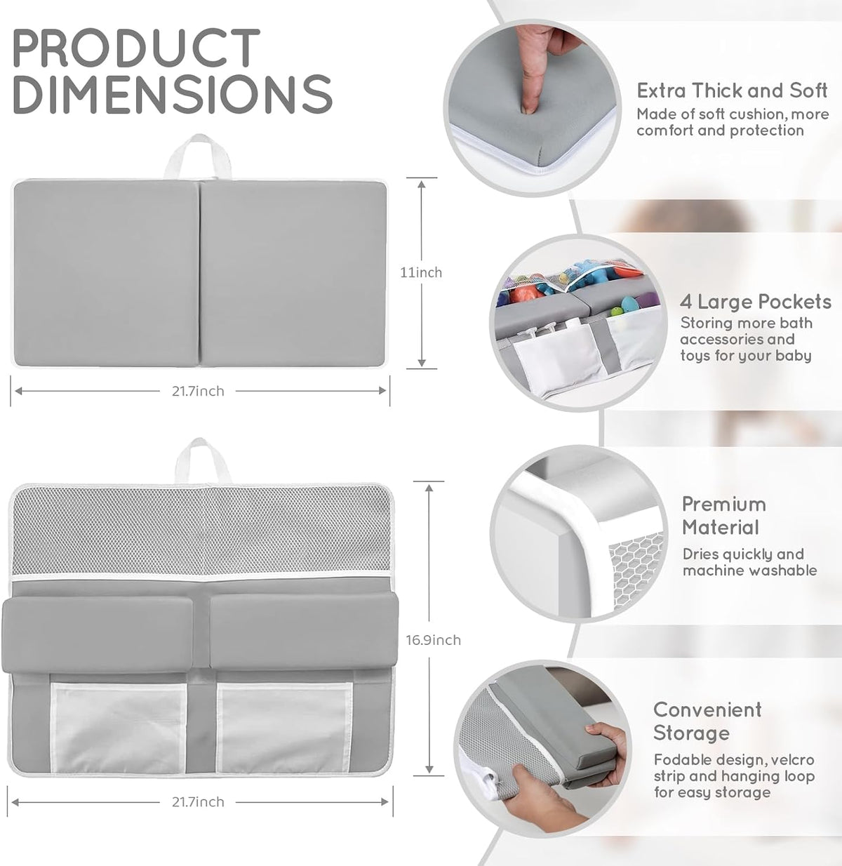 Comfortable Bath Kneeler and Elbow Kneeling Rest Pad for Baby Bathing Parents - Painless Foam Mat with Toy Organizer Pockets - Quick Drying, Foldable, Non-Slip for Baby and Toddler Bathing