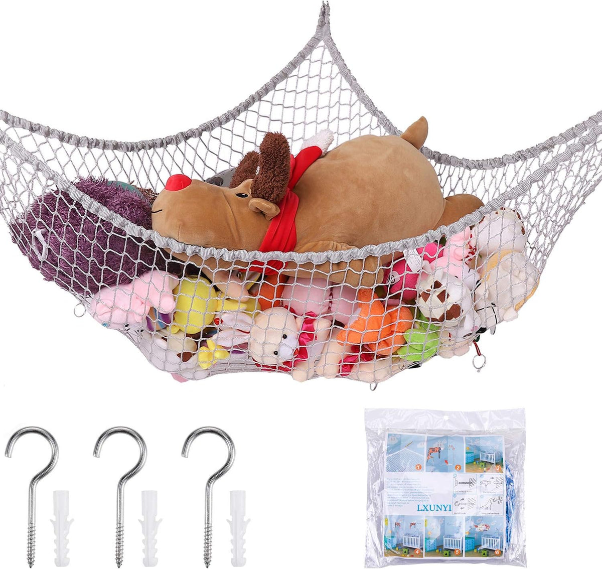 Stuffed Animal Hammock, Toy Hammock Storage Net, Mesh Toy Net Holder Jumbo Wall Corner Giant Stuff Animal Net Hammocks Plush Net Organizer for Bedroom (Gray, 84 inch)