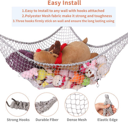 Stuffed Animal Hammock, Toy Hammock Storage Net, Mesh Toy Net Holder Jumbo Wall Corner Giant Stuff Animal Net Hammocks Plush Net Organizer for Bedroom (Gray, 84 inch)