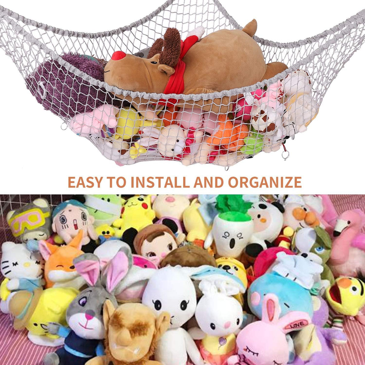 Stuffed Animal Hammock, Toy Hammock Storage Net, Mesh Toy Net Holder Jumbo Wall Corner Giant Stuff Animal Net Hammocks Plush Net Organizer for Bedroom (Gray, 84 inch)