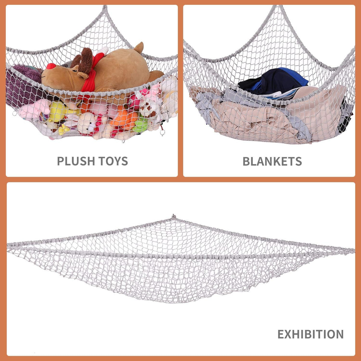 Stuffed Animal Hammock, Toy Hammock Storage Net, Mesh Toy Net Holder Jumbo Wall Corner Giant Stuff Animal Net Hammocks Plush Net Organizer for Bedroom (Gray, 84 inch)
