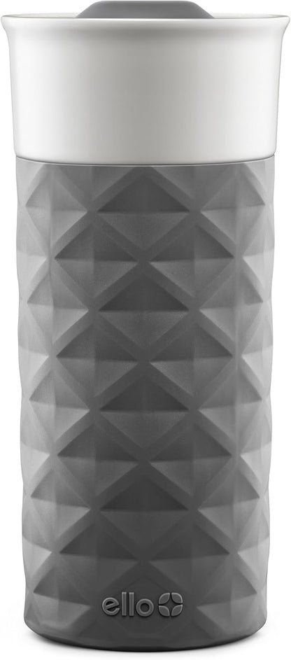 Ogden Ceramic Travel Mug with Splash-Resistant Slider Lid and Protective Silicone Boot, Perfect for Coffee or Tea, BPA Free, Dishwasher Safe, Gray, 16 oz, 758-0438-040 | Splash-resistant ceramic travel mug with slider lid and protective silicone sleeve.