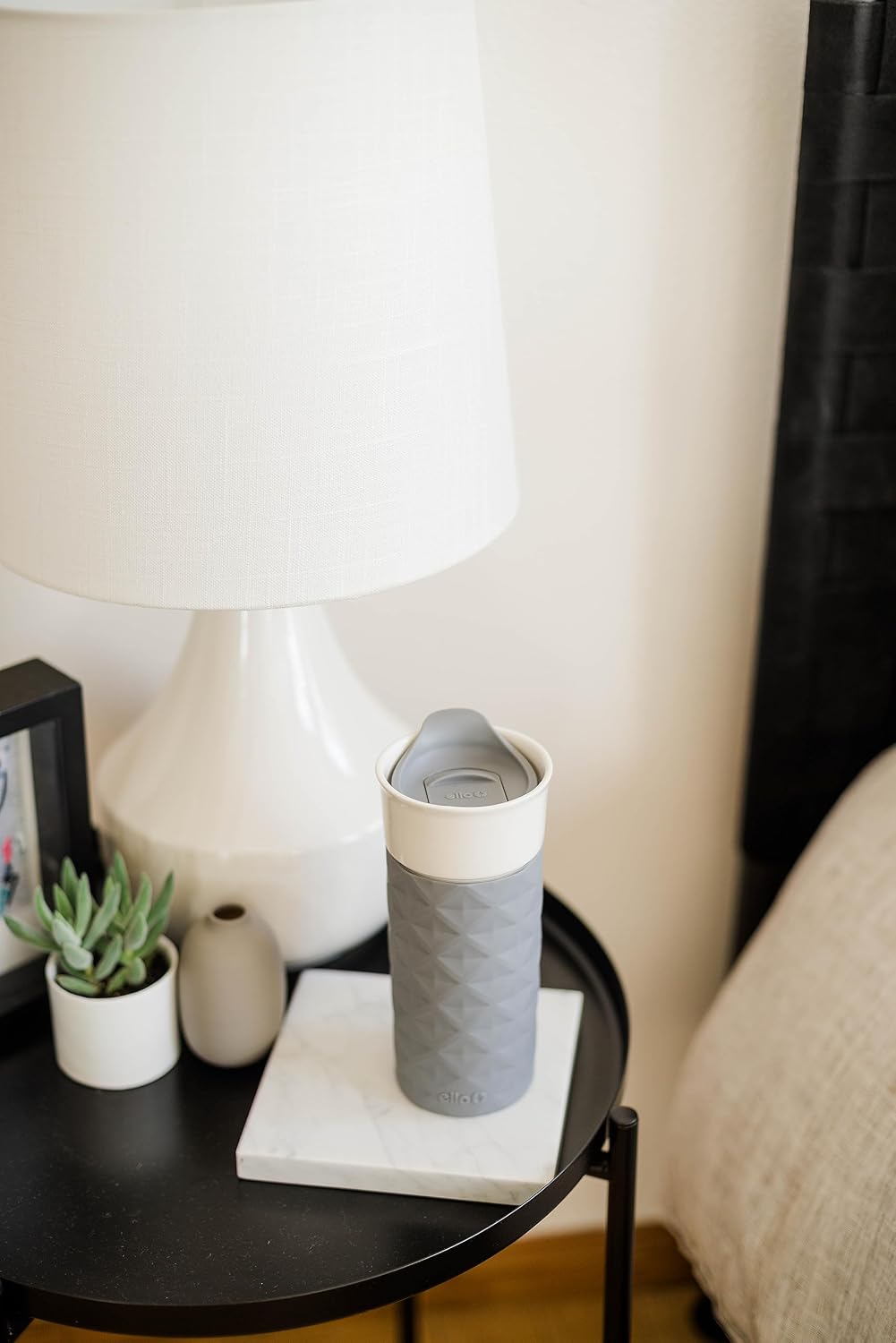 Ogden Ceramic Travel Mug with Splash-Resistant Slider Lid and Protective Silicone Boot, Perfect for Coffee or Tea, BPA Free, Dishwasher Safe, Gray, 16 oz, 758-0438-040 | Splash-resistant ceramic travel mug with slider lid and protective silicone sleeve.