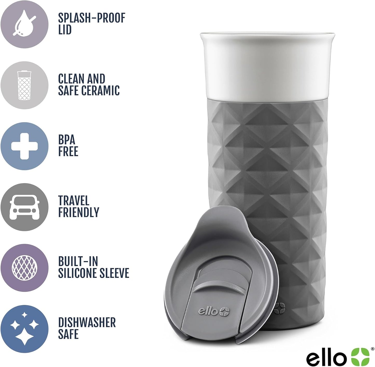 Ogden Ceramic Travel Mug with Splash-Resistant Slider Lid and Protective Silicone Boot, Perfect for Coffee or Tea, BPA Free, Dishwasher Safe, Gray, 16 oz, 758-0438-040 | Splash-resistant ceramic travel mug with slider lid and protective silicone sleeve.