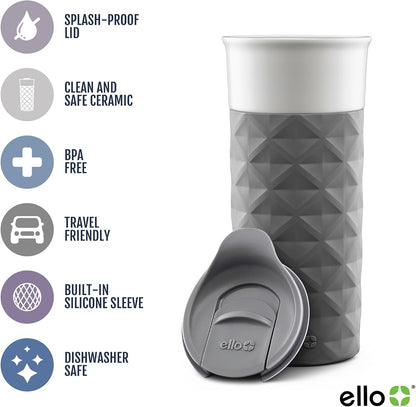 Ogden Ceramic Travel Mug with Splash-Resistant Slider Lid and Protective Silicone Boot, Perfect for Coffee or Tea, BPA Free, Dishwasher Safe, Gray, 16 oz, 758-0438-040 | Splash-resistant ceramic travel mug with slider lid and protective silicone sleeve.