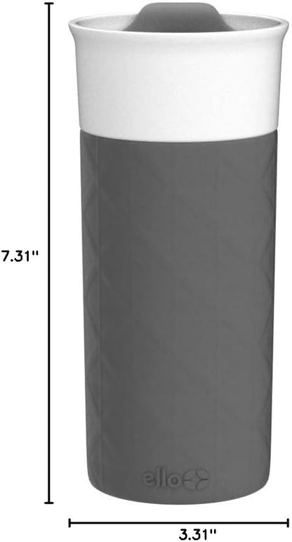 Ogden Ceramic Travel Mug with Splash-Resistant Slider Lid and Protective Silicone Boot, Perfect for Coffee or Tea, BPA Free, Dishwasher Safe, Gray, 16 oz, 758-0438-040 | Splash-resistant ceramic travel mug with slider lid and protective silicone sleeve.