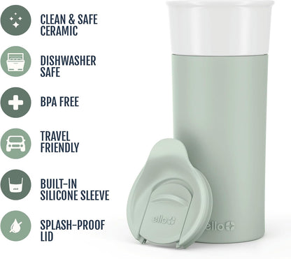 Ogden Ceramic Travel Mug with Splash-Resistant Slider Lid and Protective Silicone Boot, Perfect for Coffee or Tea, BPA Free, Dishwasher Safe, Gray, 16 oz, 758-0438-040 | Splash-resistant ceramic travel mug with slider lid and protective silicone sleeve.