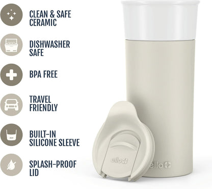 Ogden Ceramic Travel Mug with Splash-Resistant Slider Lid and Protective Silicone Boot, Perfect for Coffee or Tea, BPA Free, Dishwasher Safe, Gray, 16 oz, 758-0438-040 | Splash-resistant ceramic travel mug with slider lid and protective silicone sleeve.