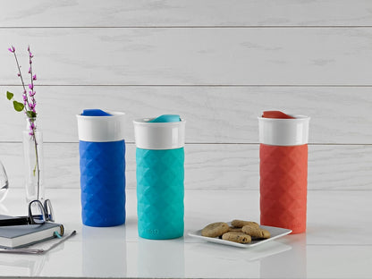 Ogden Ceramic Travel Mug with Splash-Resistant Slider Lid and Protective Silicone Boot, Perfect for Coffee or Tea, BPA Free, Dishwasher Safe, Gray, 16 oz, 758-0438-040 | Splash-resistant ceramic travel mug with slider lid and protective silicone sleeve.