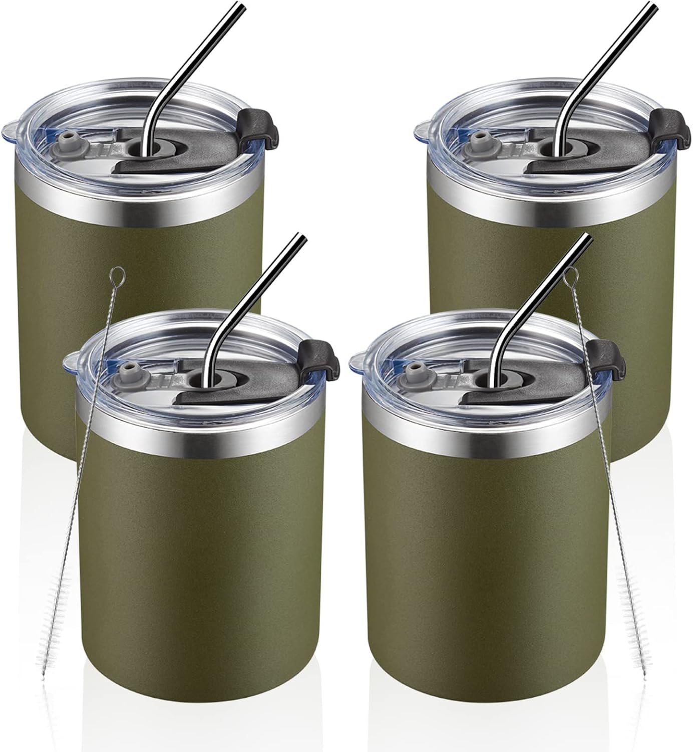 12 oz Lowball, Tumbler Stainless Steel Double Wall Vacuum Insulated Mug with Straw and Lid, Cleaning Brush ，Durable Powder Coated Insulated Coffee Cup for Cold & Hot Drinks (Silver,4 pack)