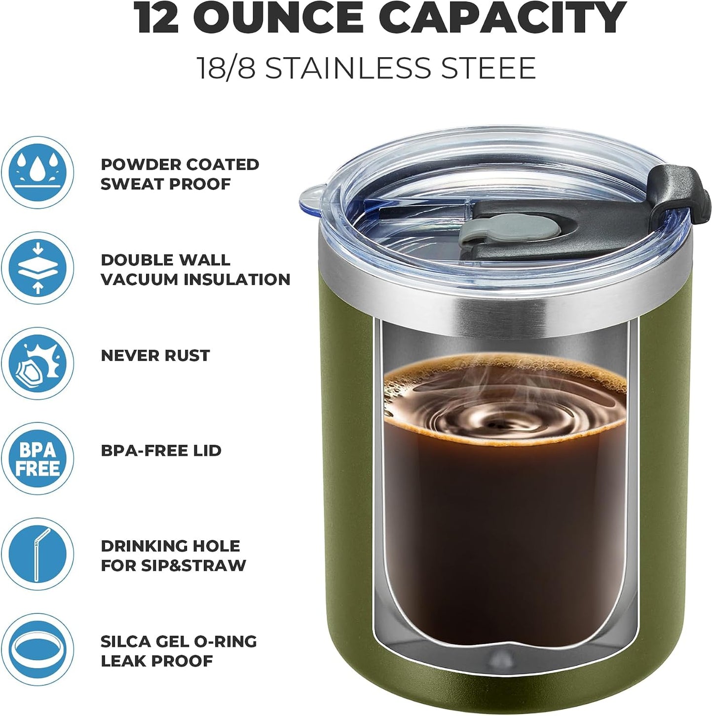 12 oz Lowball, Tumbler Stainless Steel Double Wall Vacuum Insulated Mug with Straw and Lid, Cleaning Brush ，Durable Powder Coated Insulated Coffee Cup for Cold & Hot Drinks (Silver,4 pack)
