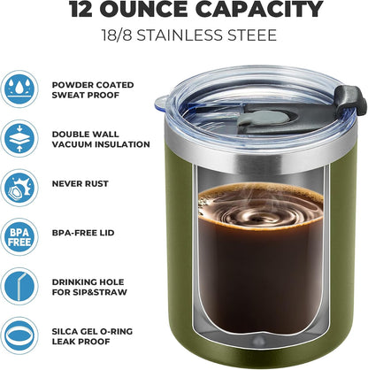12 oz Lowball, Tumbler Stainless Steel Double Wall Vacuum Insulated Mug with Straw and Lid, Cleaning Brush ，Durable Powder Coated Insulated Coffee Cup for Cold & Hot Drinks (Silver,4 pack)