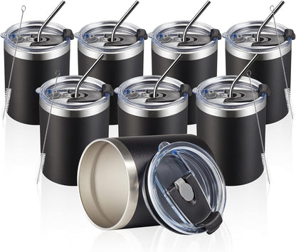 12 oz Lowball, Tumbler Stainless Steel Double Wall Vacuum Insulated Mug with Straw and Lid, Cleaning Brush ，Durable Powder Coated Insulated Coffee Cup for Cold & Hot Drinks (Silver,4 pack)