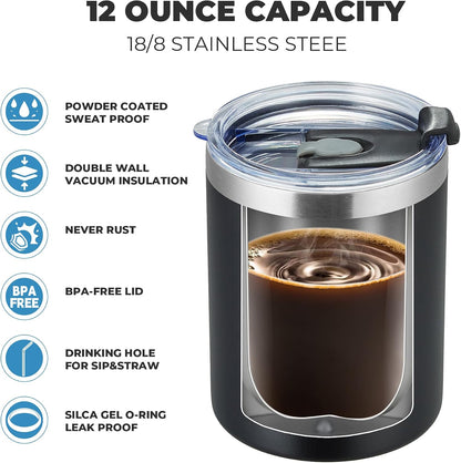 12 oz Lowball, Tumbler Stainless Steel Double Wall Vacuum Insulated Mug with Straw and Lid, Cleaning Brush ，Durable Powder Coated Insulated Coffee Cup for Cold & Hot Drinks (Silver,4 pack)