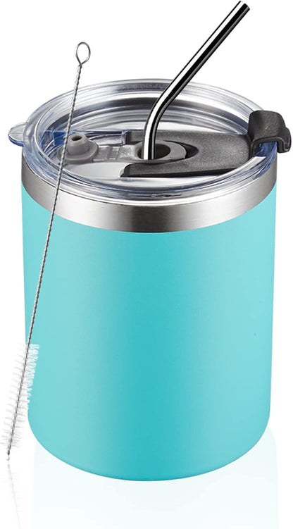 12 oz Lowball, Tumbler Stainless Steel Double Wall Vacuum Insulated Mug with Straw and Lid, Cleaning Brush ，Durable Powder Coated Insulated Coffee Cup for Cold & Hot Drinks (Silver,4 pack)