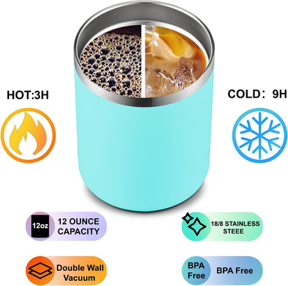 12 oz Lowball, Tumbler Stainless Steel Double Wall Vacuum Insulated Mug with Straw and Lid, Cleaning Brush ，Durable Powder Coated Insulated Coffee Cup for Cold & Hot Drinks (Silver,4 pack)