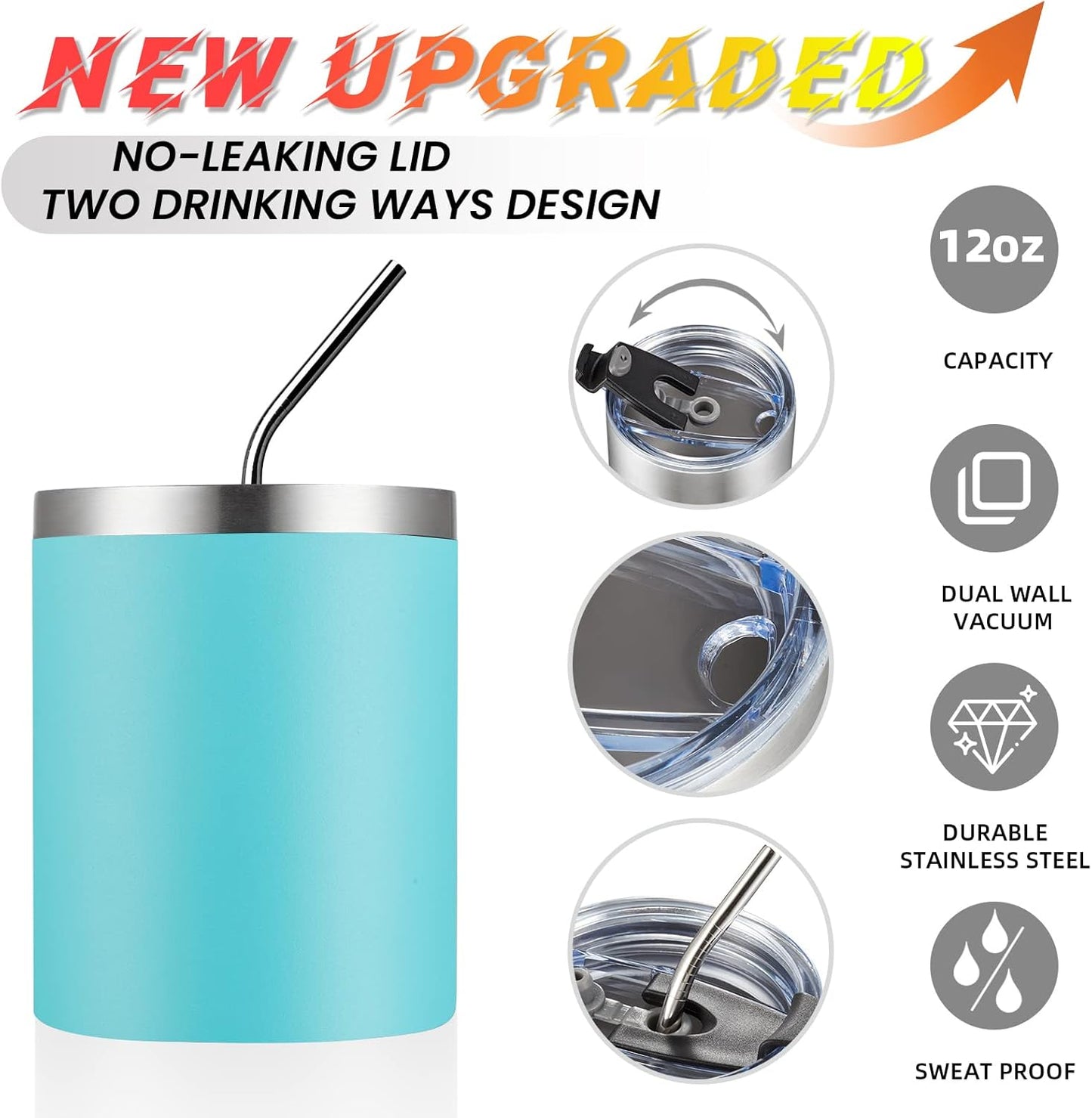12 oz Lowball, Tumbler Stainless Steel Double Wall Vacuum Insulated Mug with Straw and Lid, Cleaning Brush ，Durable Powder Coated Insulated Coffee Cup for Cold & Hot Drinks (Silver,4 pack)