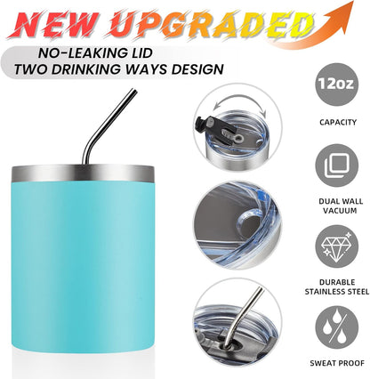12 oz Lowball, Tumbler Stainless Steel Double Wall Vacuum Insulated Mug with Straw and Lid, Cleaning Brush ，Durable Powder Coated Insulated Coffee Cup for Cold & Hot Drinks (Silver,4 pack)