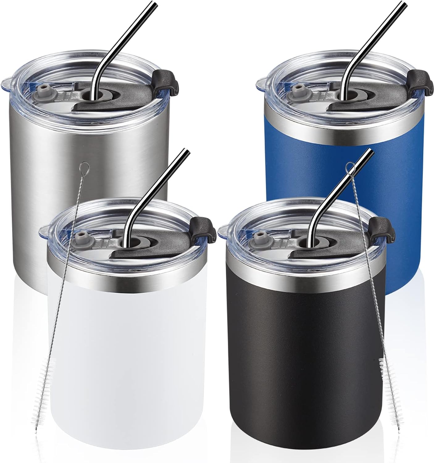 12 oz Lowball, Tumbler Stainless Steel Double Wall Vacuum Insulated Mug with Straw and Lid, Cleaning Brush ，Durable Powder Coated Insulated Coffee Cup for Cold & Hot Drinks (Silver,4 pack)