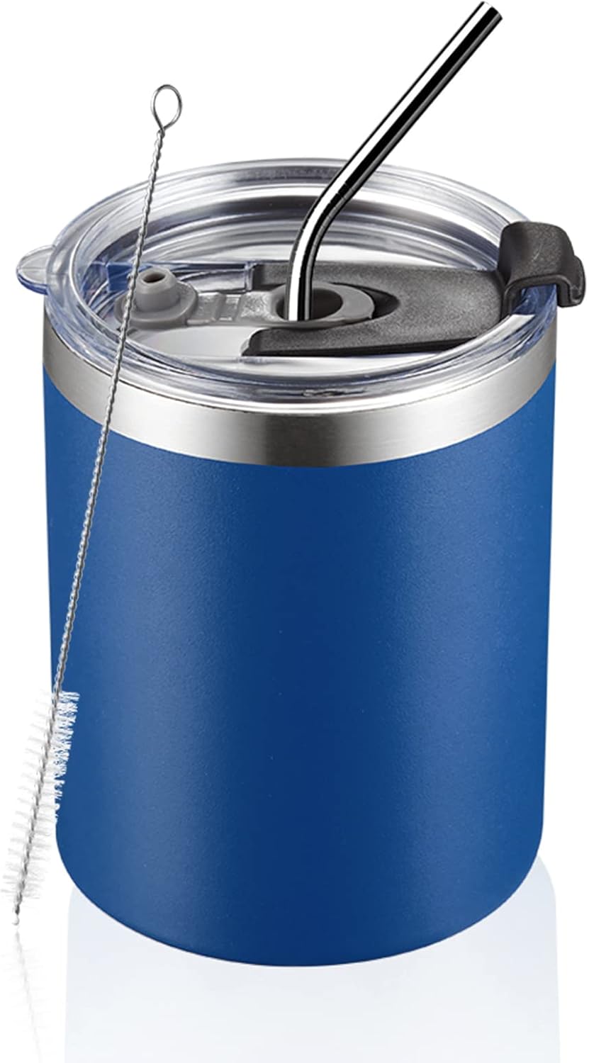 12 oz Lowball, Tumbler Stainless Steel Double Wall Vacuum Insulated Mug with Straw and Lid, Cleaning Brush ，Durable Powder Coated Insulated Coffee Cup for Cold & Hot Drinks (Silver,4 pack)