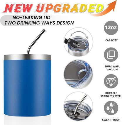 12 oz Lowball, Tumbler Stainless Steel Double Wall Vacuum Insulated Mug with Straw and Lid, Cleaning Brush ，Durable Powder Coated Insulated Coffee Cup for Cold & Hot Drinks (Silver,4 pack)