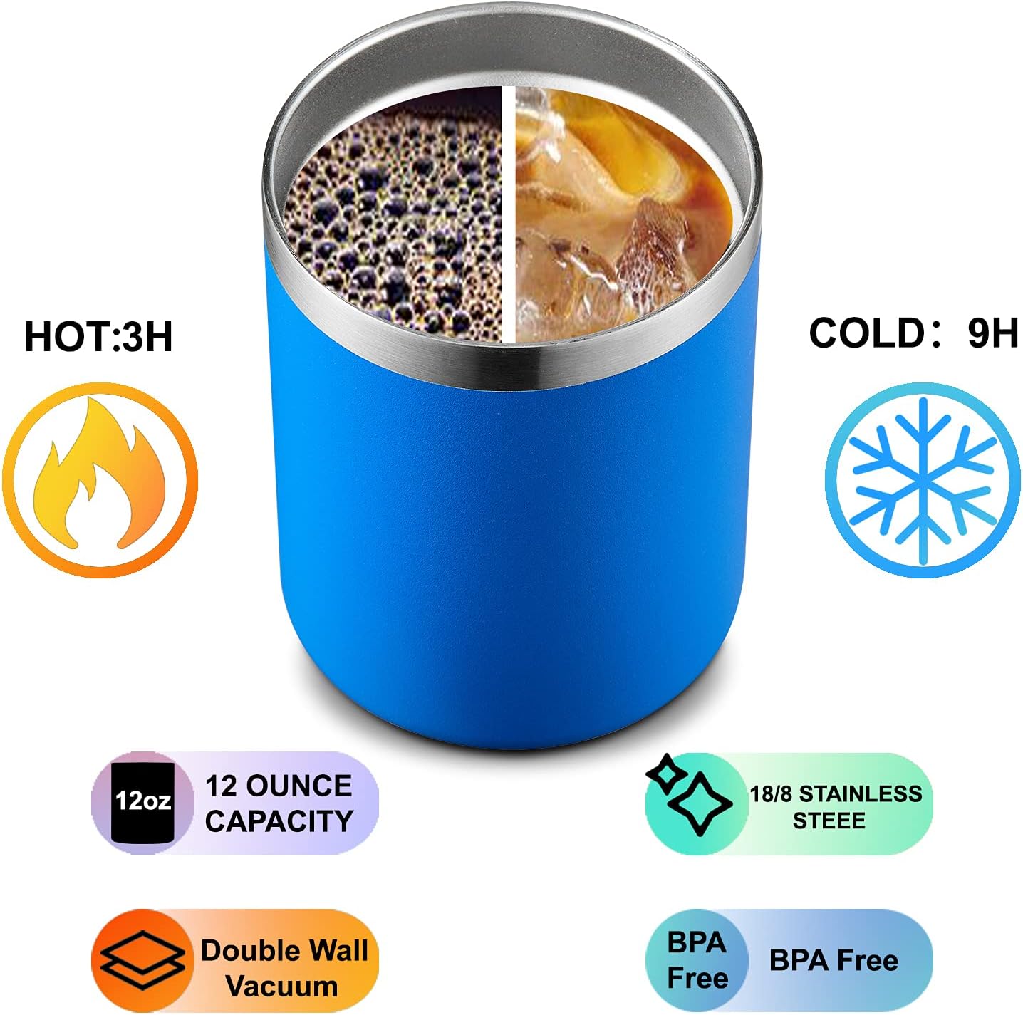 12 oz Lowball, Tumbler Stainless Steel Double Wall Vacuum Insulated Mug with Straw and Lid, Cleaning Brush ，Durable Powder Coated Insulated Coffee Cup for Cold & Hot Drinks (Silver,4 pack)