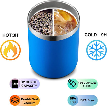12 oz Lowball, Tumbler Stainless Steel Double Wall Vacuum Insulated Mug with Straw and Lid, Cleaning Brush ，Durable Powder Coated Insulated Coffee Cup for Cold & Hot Drinks (Silver,4 pack)