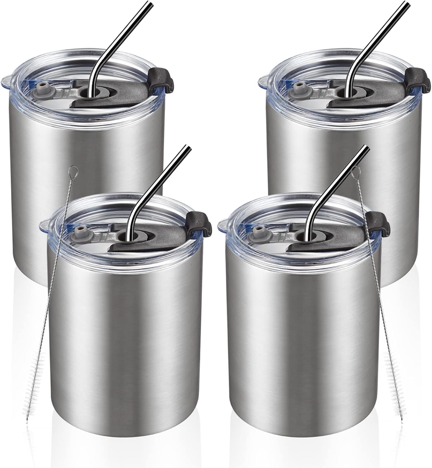 12 oz Lowball, Tumbler Stainless Steel Double Wall Vacuum Insulated Mug with Straw and Lid, Cleaning Brush ，Durable Powder Coated Insulated Coffee Cup for Cold & Hot Drinks (Silver,4 pack)