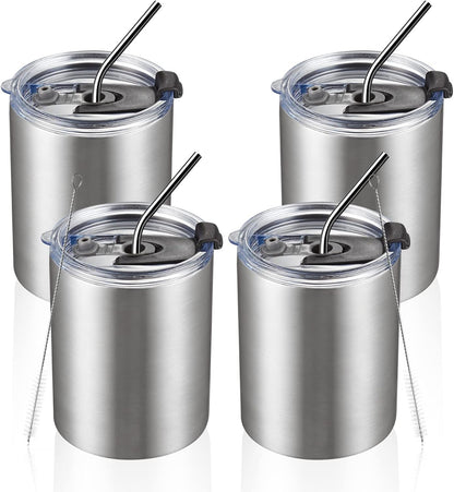 12 oz Lowball, Tumbler Stainless Steel Double Wall Vacuum Insulated Mug with Straw and Lid, Cleaning Brush ，Durable Powder Coated Insulated Coffee Cup for Cold & Hot Drinks (Silver,4 pack)