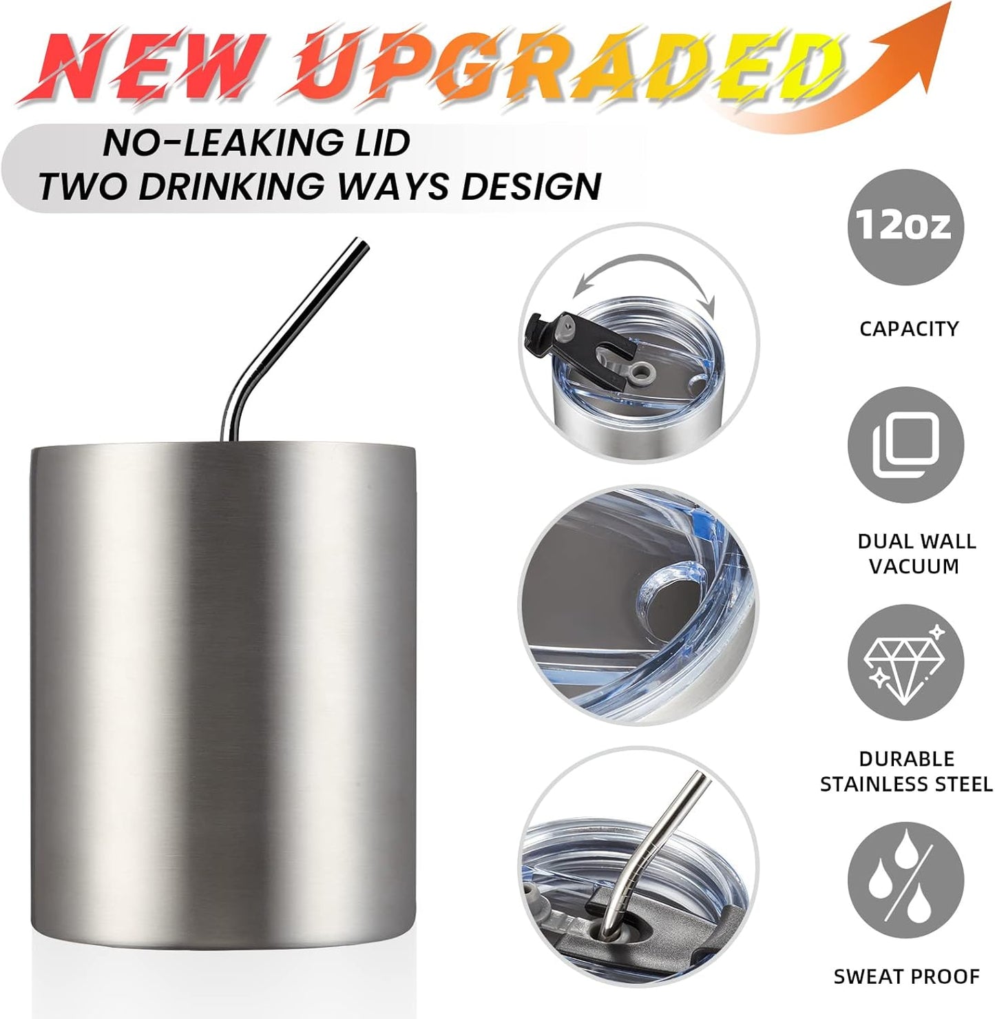 12 oz Lowball, Tumbler Stainless Steel Double Wall Vacuum Insulated Mug with Straw and Lid, Cleaning Brush ，Durable Powder Coated Insulated Coffee Cup for Cold & Hot Drinks (Silver,4 pack)