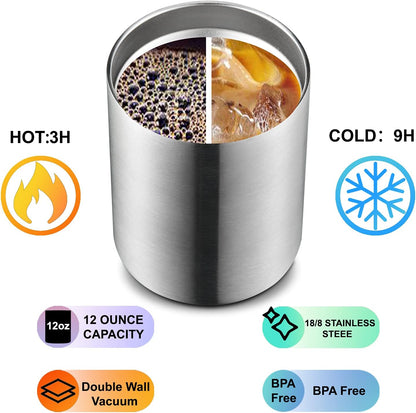12 oz Lowball, Tumbler Stainless Steel Double Wall Vacuum Insulated Mug with Straw and Lid, Cleaning Brush ，Durable Powder Coated Insulated Coffee Cup for Cold & Hot Drinks (Silver,4 pack)