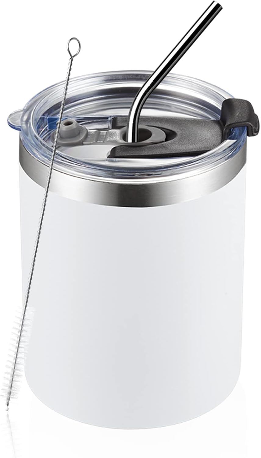 12 oz Lowball, Tumbler Stainless Steel Double Wall Vacuum Insulated Mug with Straw and Lid, Cleaning Brush ，Durable Powder Coated Insulated Coffee Cup for Cold & Hot Drinks (Silver,4 pack)
