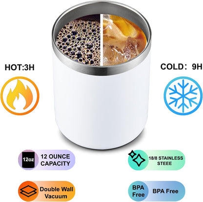 12 oz Lowball, Tumbler Stainless Steel Double Wall Vacuum Insulated Mug with Straw and Lid, Cleaning Brush ，Durable Powder Coated Insulated Coffee Cup for Cold & Hot Drinks (Silver,4 pack)
