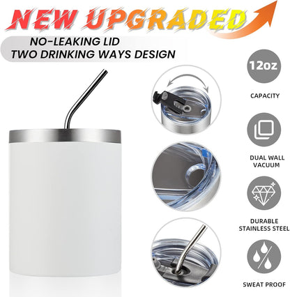 12 oz Lowball, Tumbler Stainless Steel Double Wall Vacuum Insulated Mug with Straw and Lid, Cleaning Brush ，Durable Powder Coated Insulated Coffee Cup for Cold & Hot Drinks (Silver,4 pack)