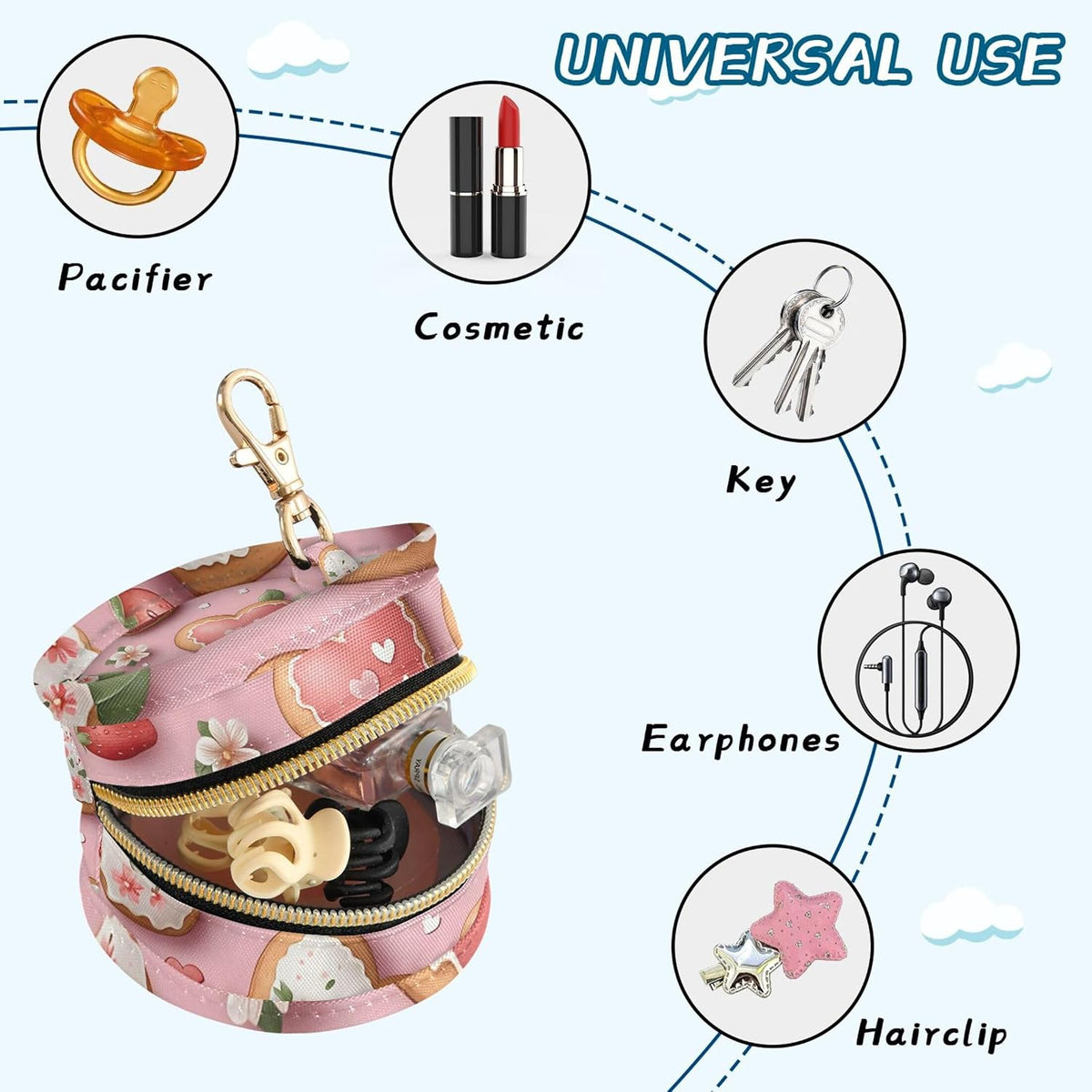 Love Cookies and Strawberries Baby Pacifier Holder Case, Dustproof Portable Storage Box for Diaper Bag Purse, Pacifier Storage Container for Boys & Girls