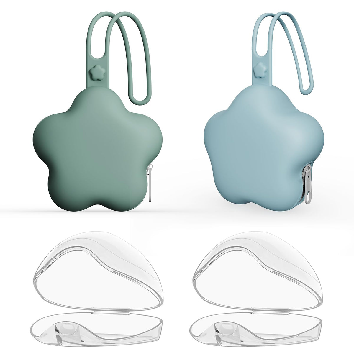 4 Pack Pacifier Holder Case,2pcs Silicone Portable Pacifier Pouch and 2pcs Transparent Nipple Holder Case Container, On-the-GO Pacifier Storage Container Box,BPA Free, Easy to Clean（Green&Khaki）